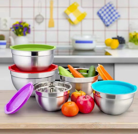 5-Piece Stainless Steel Mixing Bowl Set with Lids – Silicone Base Salad & Cooking Bowls for Kitchen