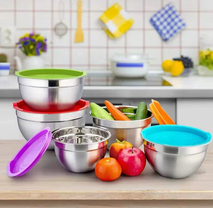 5-Piece Stainless Steel Mixing Bowl Set with Lids – Silicone Base Salad & Cooking Bowls for Kitchen