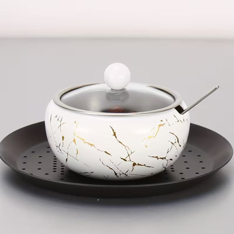 Stainless Steel Condiment Storage Container Sugar Bowl with Glass Lid and Spoon Practical Kitchen Organization Tool White