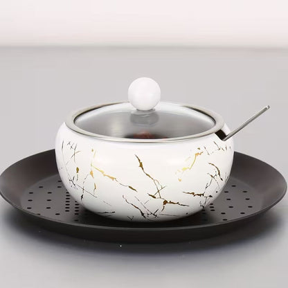 Stainless Steel Condiment Storage Container Sugar Bowl with Glass Lid and Spoon Practical Kitchen Organization Tool White