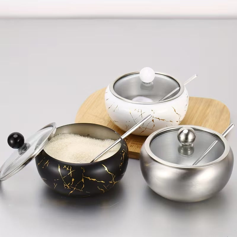 Stainless Steel Condiment Storage Container Sugar Bowl with Glass Lid and Spoon Practical Kitchen Organization Tool White