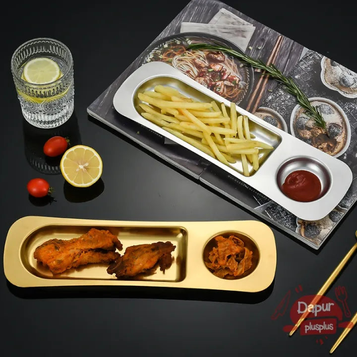Modern Gold Plated Food Serving Tray with Sauce Bowl