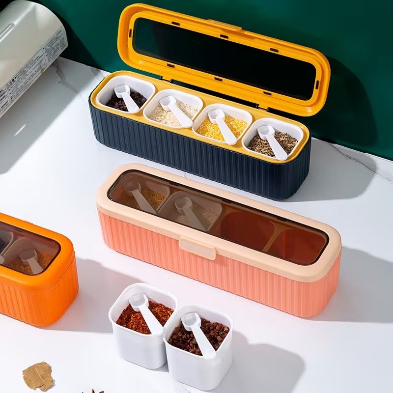 4-Compartment Seasoning Jar Storage Container, Kitchen Storage Container for Storing Spices Salt Sugar Pepper