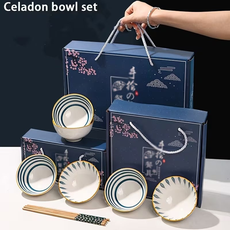 Set Of 6 Printed Ceramic Bowls, Japanese Style Noodle Bowls