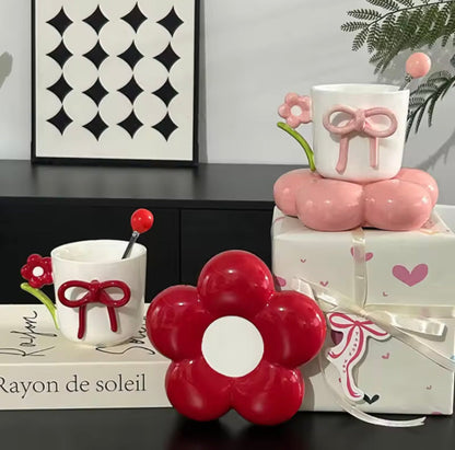 Creative Bow Ceramic Mug With Spoon, Three Simensional Flower Coffee Cup, Girls Office Breakfast Milk Cup