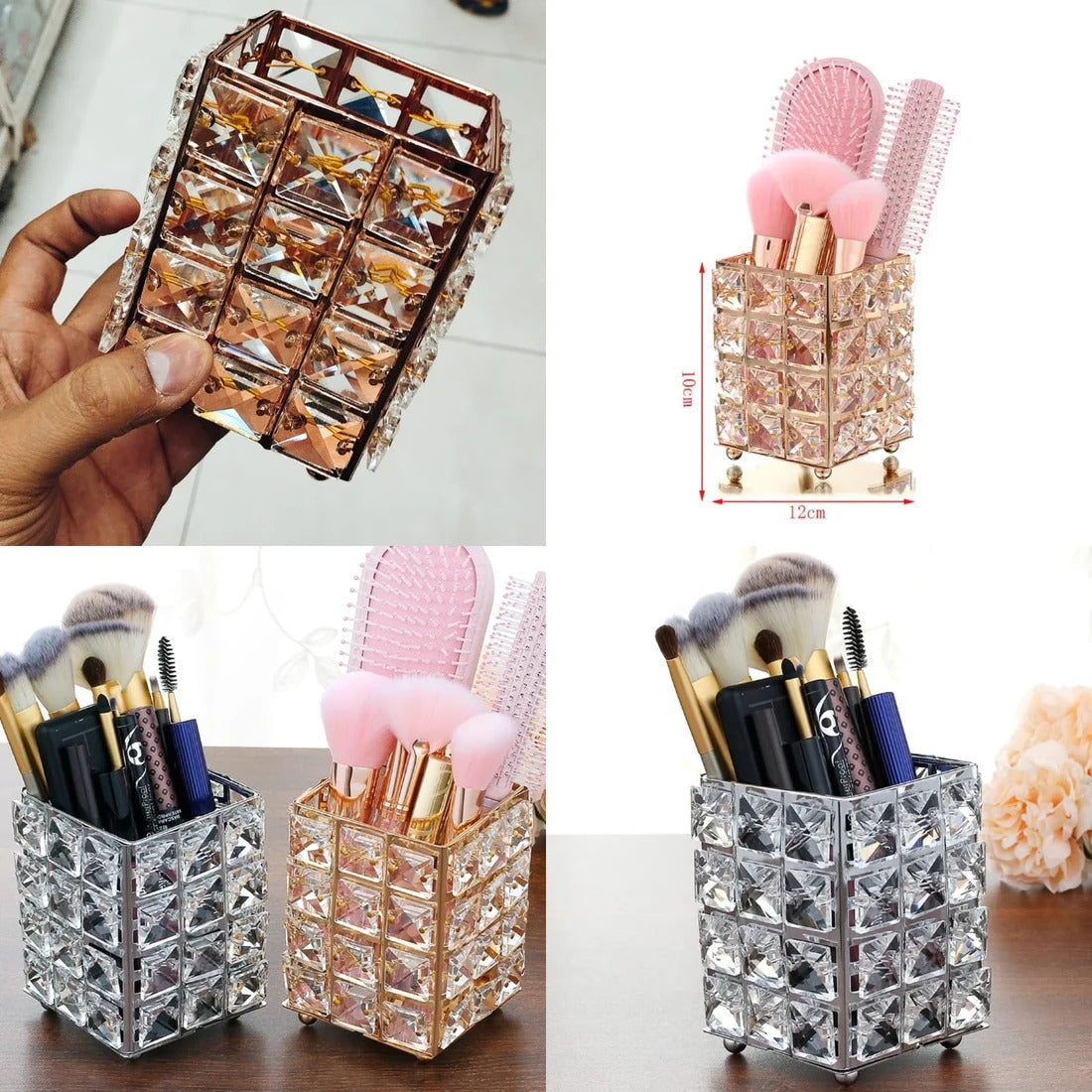 Crystal Makeup Brush Holder, Cosmetic Organizer for Makeup Brushes, Rectangle, Rose Gold