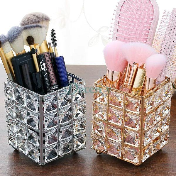 Crystal Makeup Brush Holder, Cosmetic Organizer for Makeup Brushes, Rectangle, Rose Gold