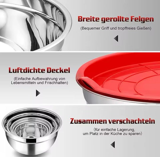 5-Piece Stainless Steel Mixing Bowl Set with Lids – Silicone Base Salad & Cooking Bowls for Kitchen