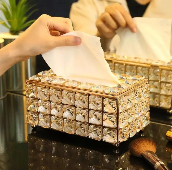 Crystal Glass Tissue Box, Desktop Napkin Storage Box, Gold Luxurious Tissue Holder