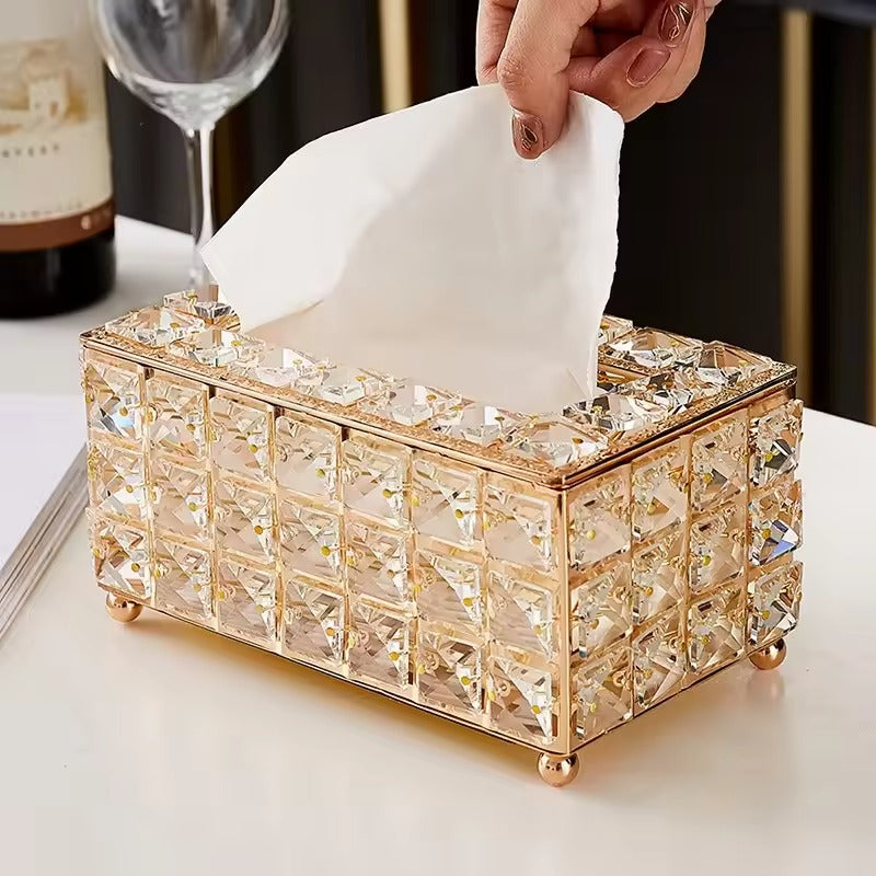Crystal Glass Tissue Box, Desktop Napkin Storage Box, Gold Luxurious Tissue Holder