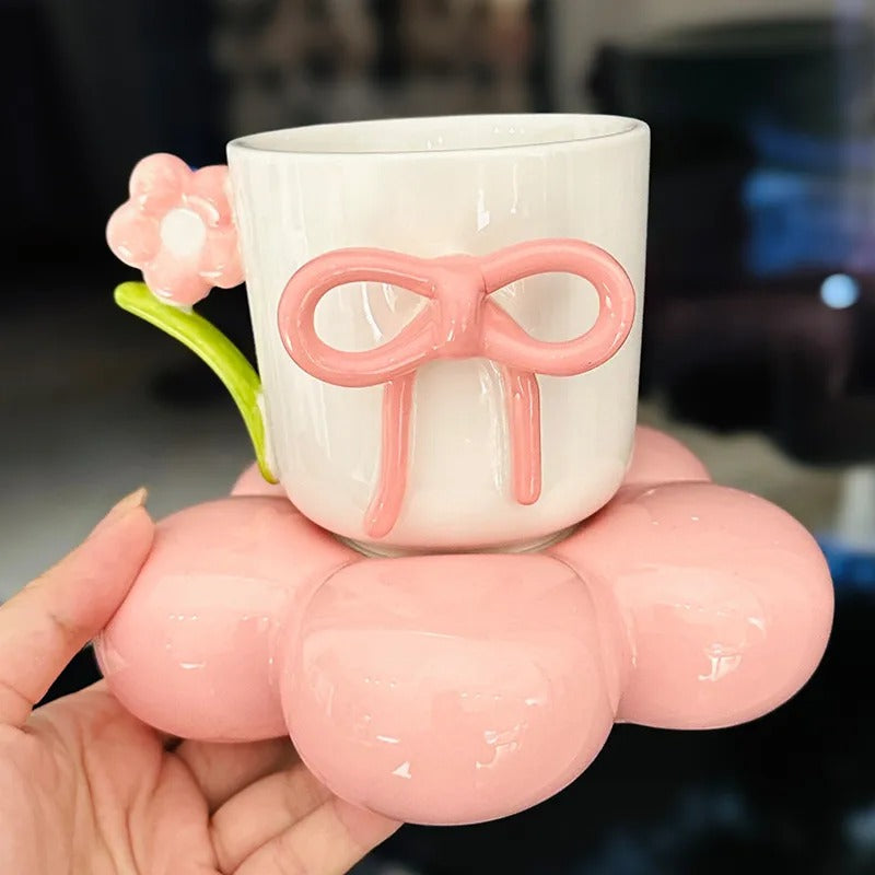 Creative Bow Ceramic Mug With Spoon, Three Simensional Flower Coffee Cup, Girls Office Breakfast Milk Cup