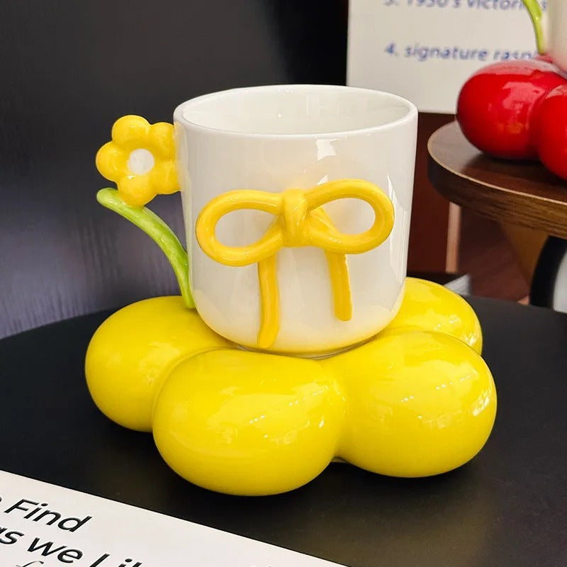 Creative Bow Ceramic Mug With Spoon, Three Simensional Flower Coffee Cup, Girls Office Breakfast Milk Cup