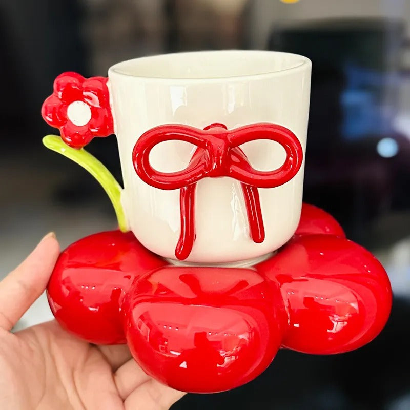 Creative Bow Ceramic Mug With Spoon, Three Simensional Flower Coffee Cup, Girls Office Breakfast Milk Cup