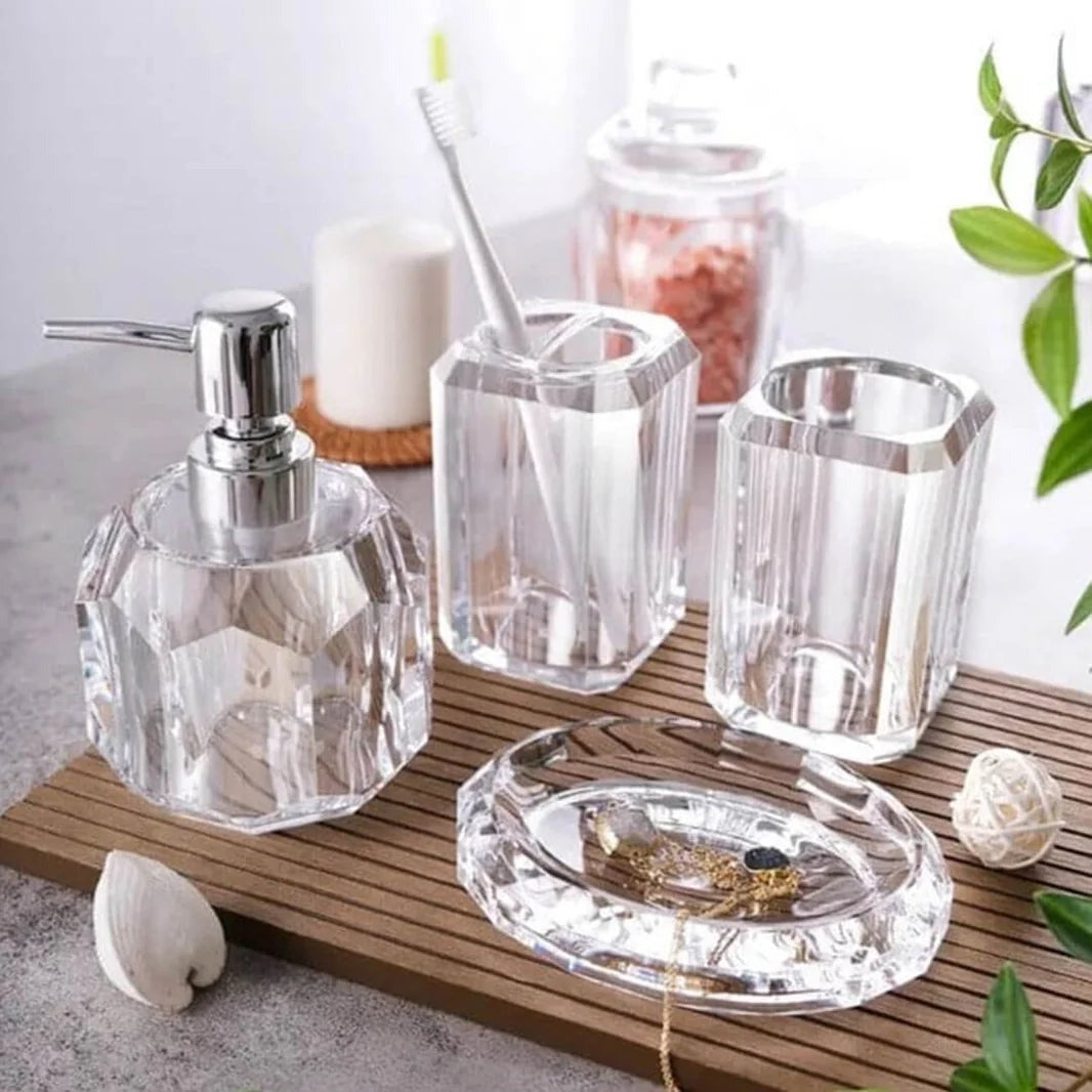 Luxury Acrylic Bathroom Accessory Set – 4-Piece Crystal Glass Soap Dispenser & Bathroom Décor Set