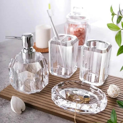 Luxury Acrylic Bathroom Accessory Set – 4-Piece Crystal Glass Soap Dispenser & Bathroom Décor Set