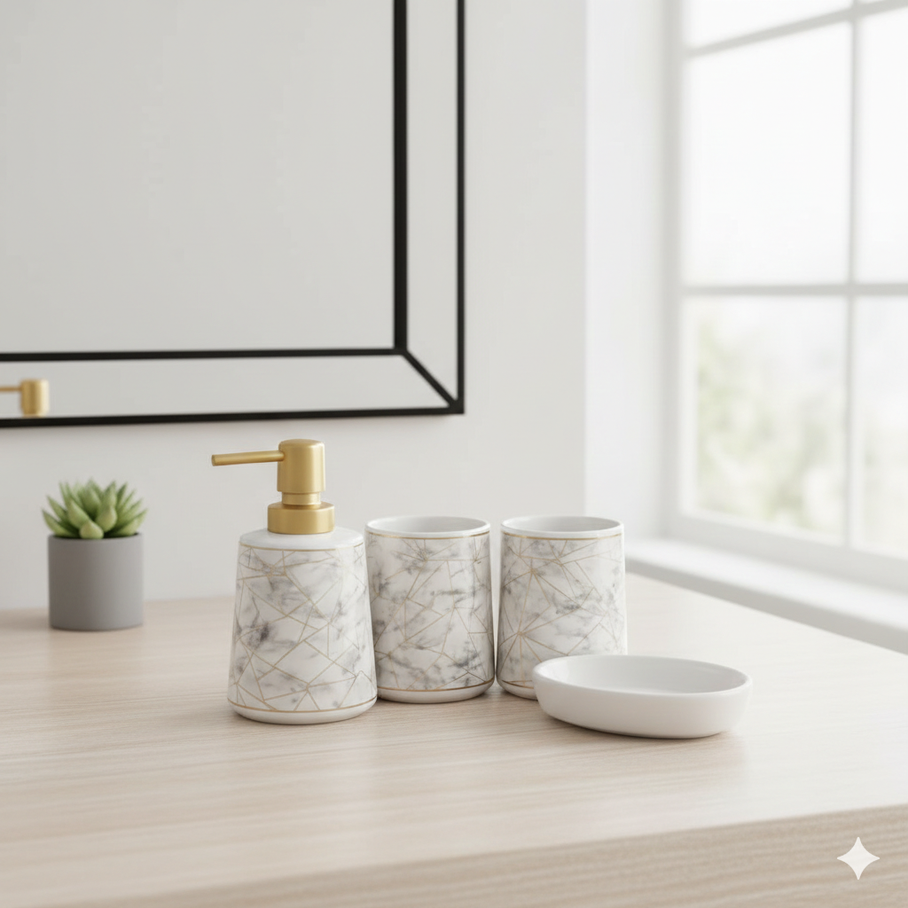 Luxury Marble Bathroom Accessories Set – 4-Piece Ceramic Soap Dispenser & Tumbler Set