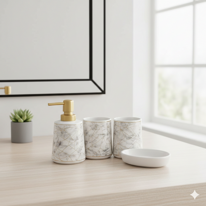 Luxury Marble Bathroom Accessories Set – 4-Piece Ceramic Soap Dispenser & Tumbler Set