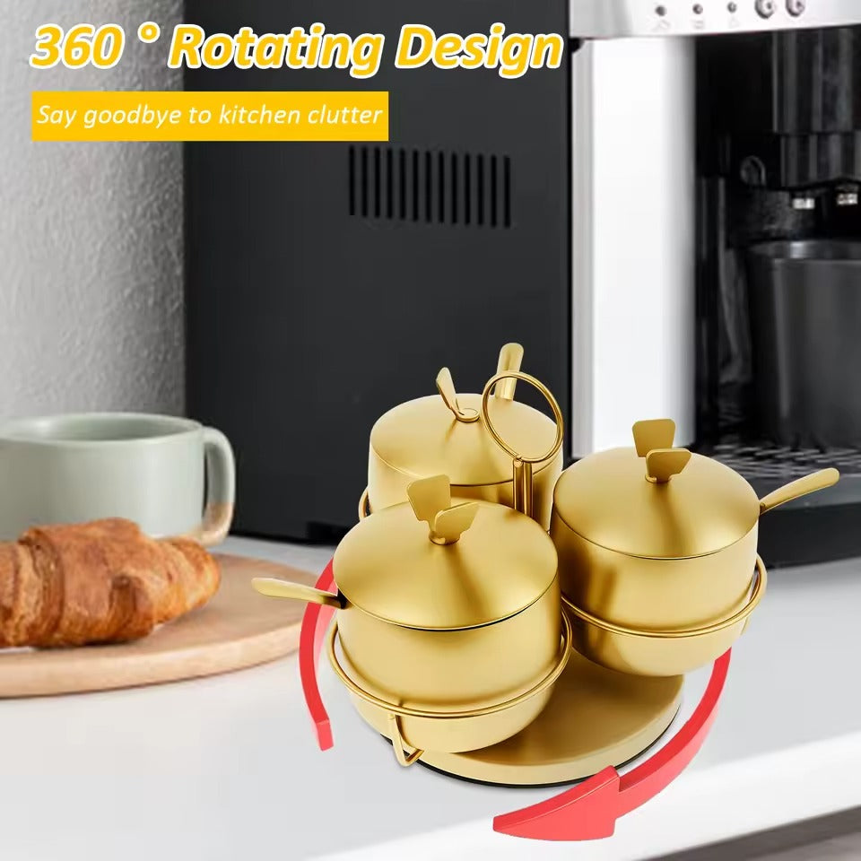 Golden 3 in One Rotating Seasoning Pot – Elegant Kitchen Spice Set