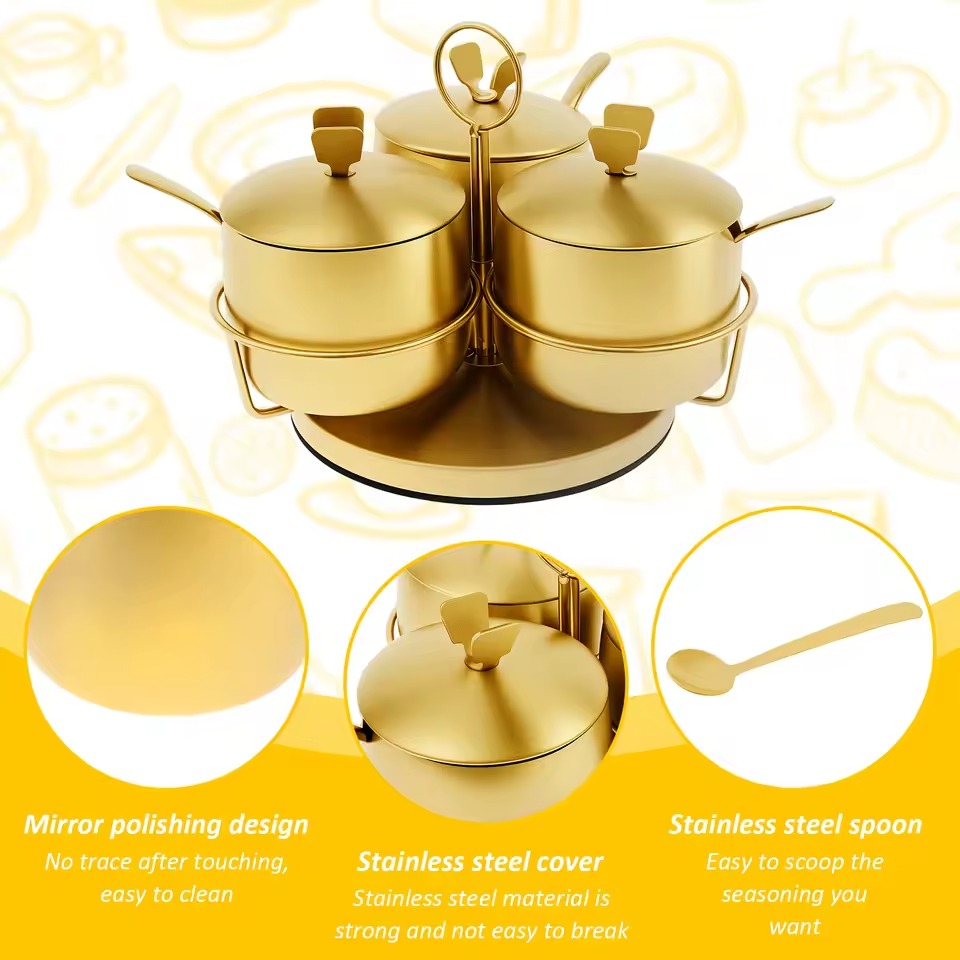 Golden 3 in One Rotating Seasoning Pot – Elegant Kitchen Spice Set