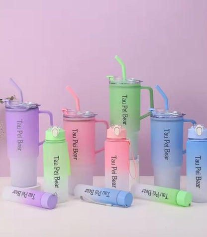 Gradient Tumbler & Water Bottle Set – 3-Piece Leakproof Travel Cups with Straw & Handle | Pastel Aesthetic Hydration Set for School, Gym, Office & Outdoor Use