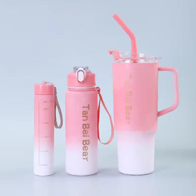 Gradient Tumbler & Water Bottle Set – 3-Piece Leakproof Travel Cups with Straw & Handle | Pastel Aesthetic Hydration Set for School, Gym, Office & Outdoor Use