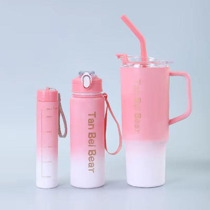 Gradient Tumbler & Water Bottle Set – 3-Piece Leakproof Travel Cups with Straw & Handle | Pastel Aesthetic Hydration Set for School, Gym, Office & Outdoor Use
