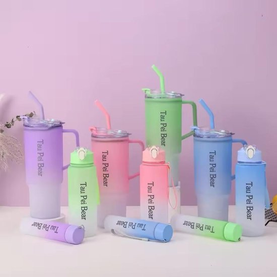 Gradient Tumbler & Water Bottle Set – 3-Piece Leakproof Travel Cups with Straw & Handle | Pastel Aesthetic Hydration Set for School, Gym, Office & Outdoor Use