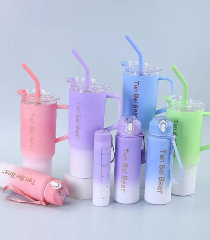 Gradient Tumbler & Water Bottle Set – 3-Piece Leakproof Travel Cups with Straw & Handle | Pastel Aesthetic Hydration Set for School, Gym, Office & Outdoor Use