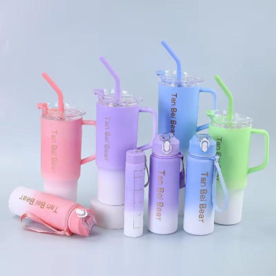 Gradient Tumbler & Water Bottle Set – 3-Piece Leakproof Travel Cups with Straw & Handle | Pastel Aesthetic Hydration Set for School, Gym, Office & Outdoor Use