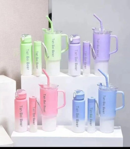 Gradient Tumbler & Water Bottle Set – 3-Piece Leakproof Travel Cups with Straw & Handle | Pastel Aesthetic Hydration Set for School, Gym, Office & Outdoor Use