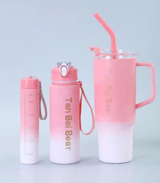 Gradient Tumbler & Water Bottle Set – 3-Piece Leakproof Travel Cups with Straw & Handle | Pastel Aesthetic Hydration Set for School, Gym, Office & Outdoor Use
