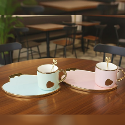Luxury Heart-Shape Ceramic Coffee Mug with Gold Handle & Tray (1 Pc)