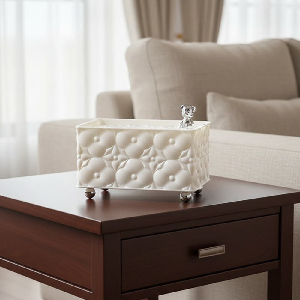 LUXURY DECORATIVE TISSUE BOX WITH CRYSTAL LID AND CHROME BUNNY ACCENT