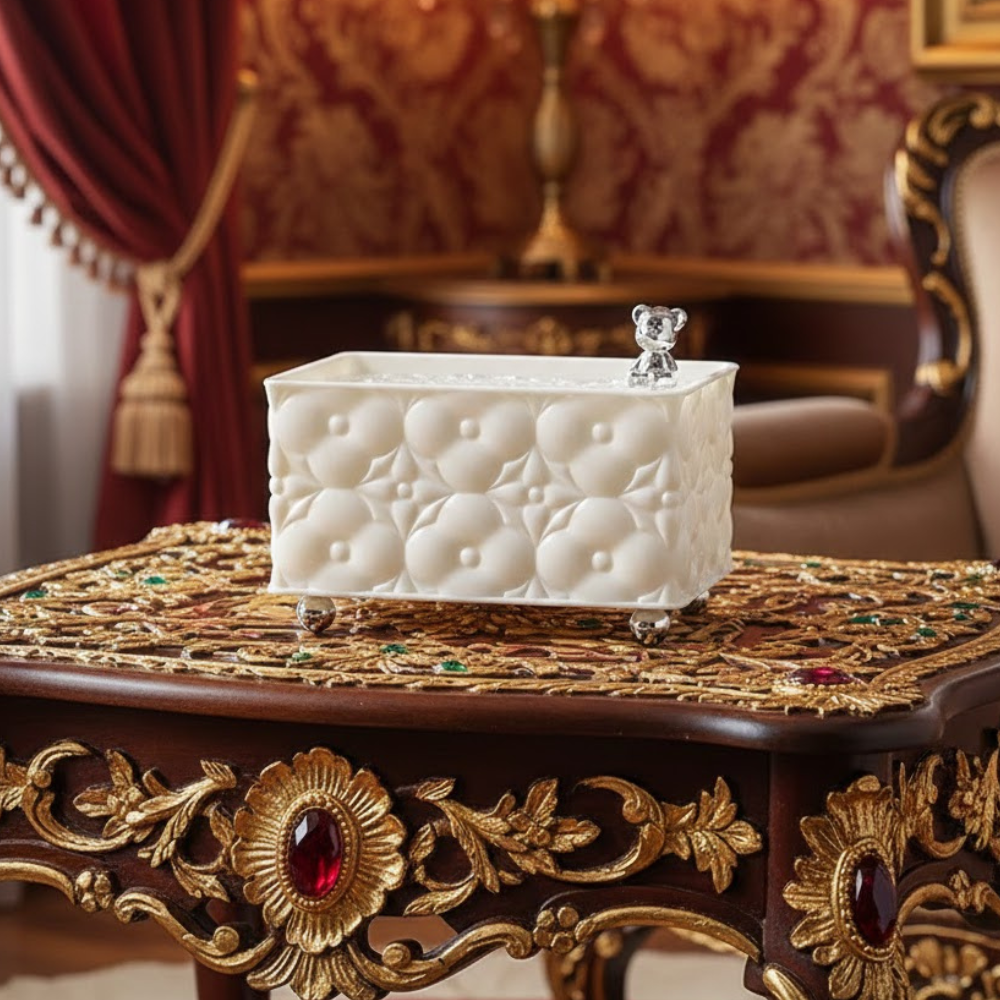 LUXURY DECORATIVE TISSUE BOX WITH CRYSTAL LID AND CHROME BUNNY ACCENT
