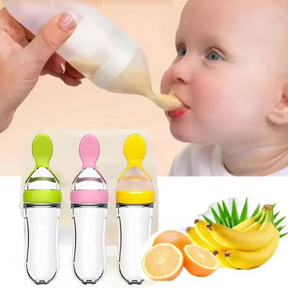 Silicone Baby Bottle with Spoon – Squeeze Feeding Bottle for Rice Cereal, Puree & Milk