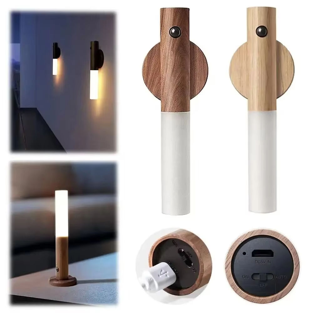 Magnetic LED Wall Night Light – USB Rechargeable Wooden Design Stick Lamp | Motion Sensor Night Lamp for Bedroom, Hallway & Stairs
