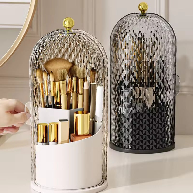 Makeup Brush Holder with Lid Diamond Birdcage 360 Rotating Makeup Organizer Dustproof