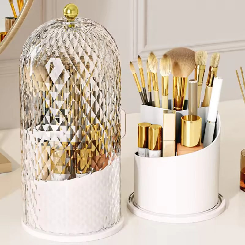 Makeup Brush Holder with Lid Diamond Birdcage 360 Rotating Makeup Organizer Dustproof