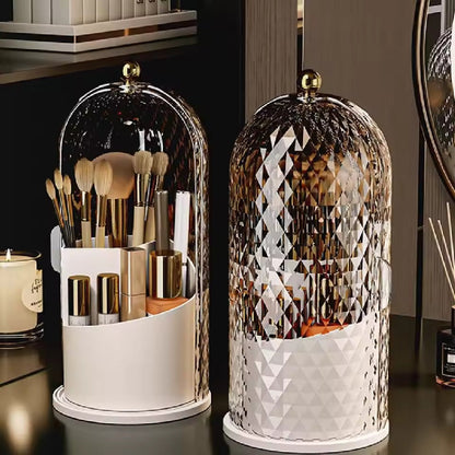 Makeup Brush Holder with Lid Diamond Birdcage 360 Rotating Makeup Organizer Dustproof