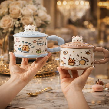 Cute Ceramic Mug With Cat Lid, Cartoon Animal Shape Tea Cup, Puppy Kitten Coffee Cup, Household Breakfast Juice Tea Cute Mug (1 Pc)