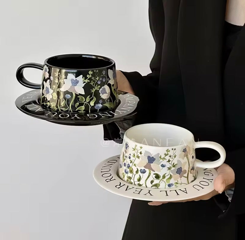 Vintage Painting Style Ceramic Mug With Saucer, Ceramic Cup With Steel Spoon, Coffee Glass (1pc)