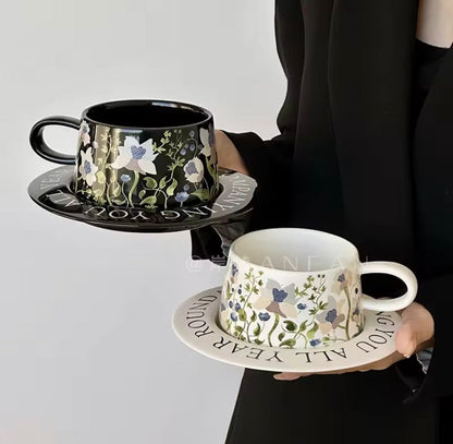Vintage Painting Style Ceramic Mug With Saucer, Ceramic Cup With Steel Spoon, Coffee Glass (1pc)