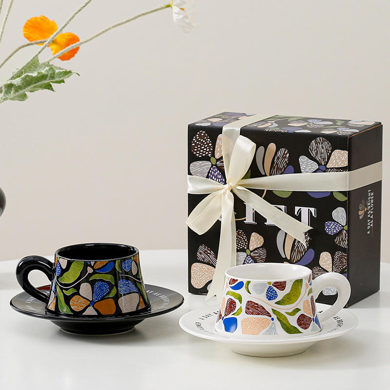French Retro Ceramic Coffee Mug Cup and Saucer Set Gift Box Packaging