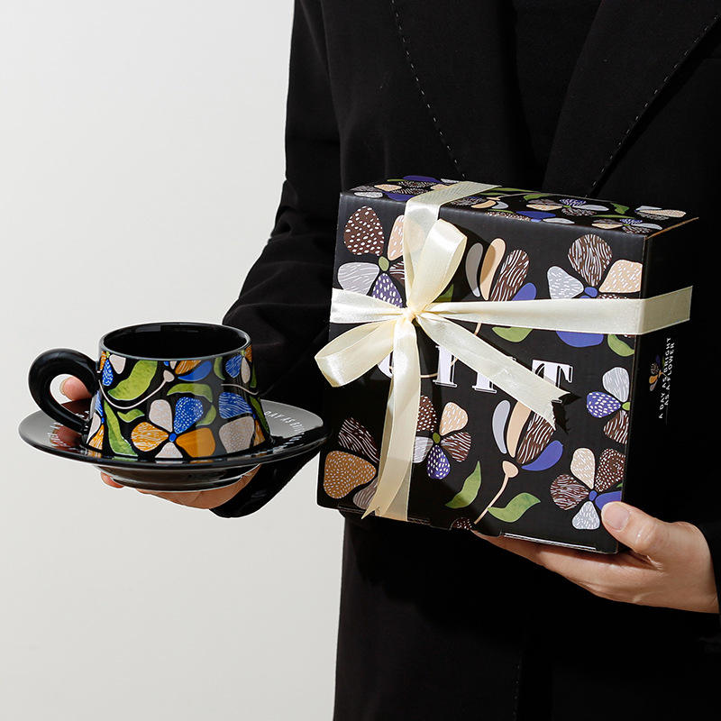 French Retro Ceramic Coffee Mug Cup and Saucer Set Gift Box Packaging