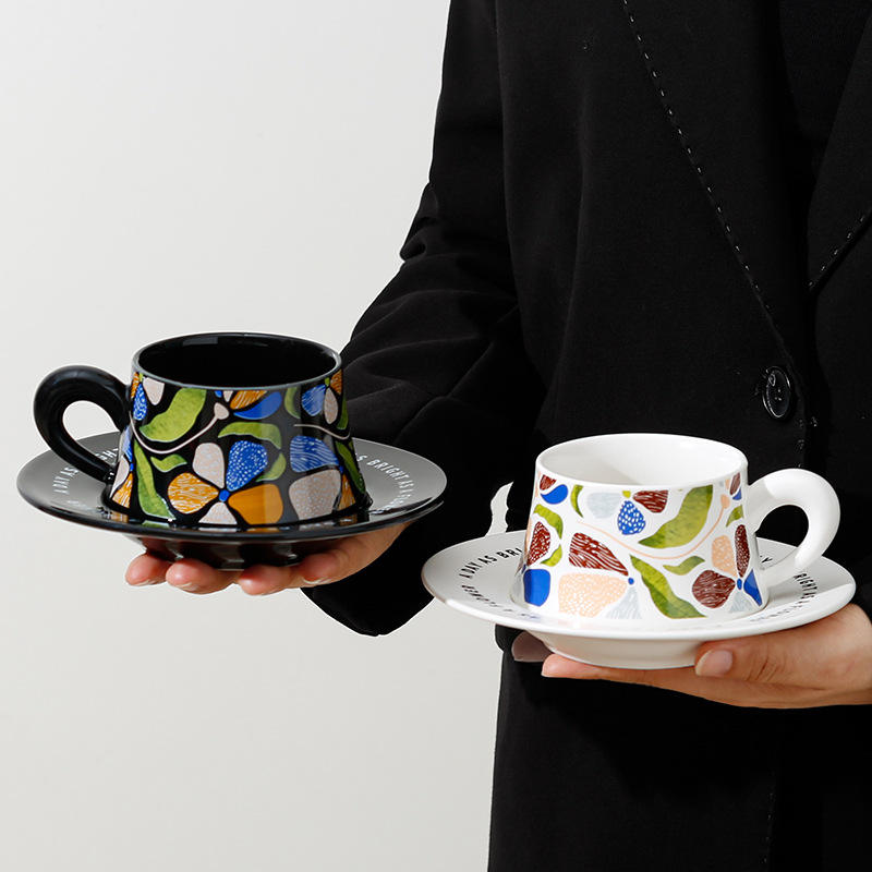French Retro Ceramic Coffee Mug Cup and Saucer Set Gift Box Packaging