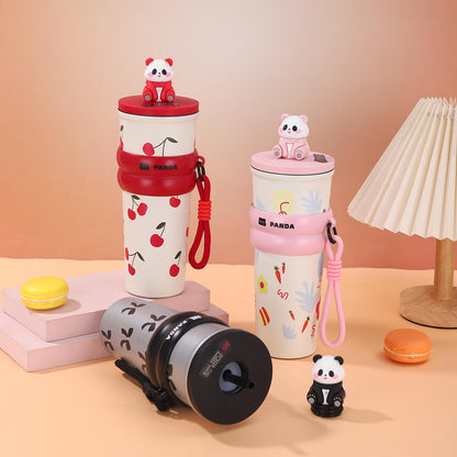 New Arrival Cute Panda Doll Thermos Coffee Cup Juice Milk Drinking Mug With Straw Vacuum Insulated Water Bottle