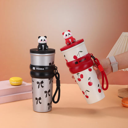 New Arrival Cute Panda Doll Thermos Coffee Cup Juice Milk Drinking Mug With Straw Vacuum Insulated Water Bottle