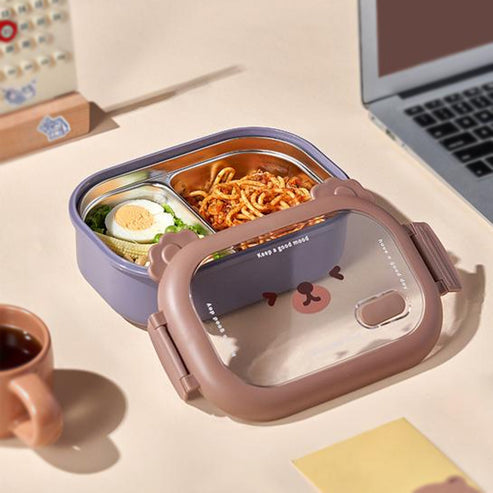Bear Face Kids Lunch Box, Stainless Steel Food Insulated Container, 2 Compartments Cute Food Container, Microwave Friendly Kids Bento Lunch Box