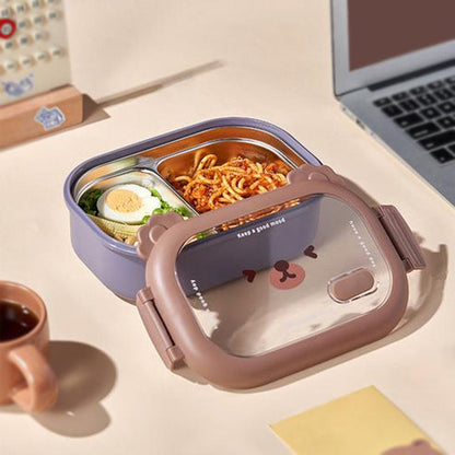 Bear Face Kids Lunch Box, Stainless Steel Food Insulated Container, 2 Compartments Cute Food Container, Microwave Friendly Kids Bento Lunch Box