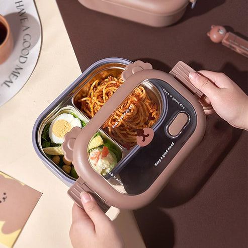 Bear Face Kids Lunch Box, Stainless Steel Food Insulated Container, 2 Compartments Cute Food Container, Microwave Friendly Kids Bento Lunch Box